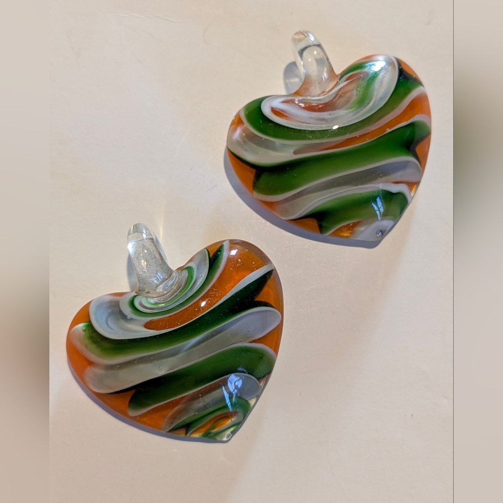 Set of 2 Lampwork Glass Heart Pendant Beads (Green, Orange & White)